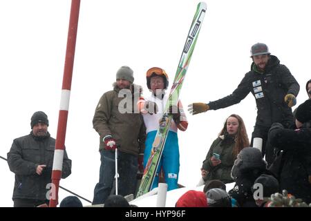 Eddie the Eagle, real name Michael Edwards, took to the slopes at the Canada Olympic Park in Calgary, Alberta in support of local jumpers. Around 1000 fans watched the 1988 Olympian jump.  Featuring: Eddie Edwards Where: Calgary, Canada When: 05 Mar 2017 Stock Photo