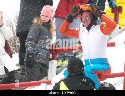 Eddie the Eagle, real name Michael Edwards, took to the slopes at the Canada Olympic Park in Calgary, Alberta in support of local jumpers. Around 1000 fans watched the 1988 Olympian jump.  Featuring: Eddie Edwards Where: Calgary, Canada When: 05 Mar 2017 Stock Photo