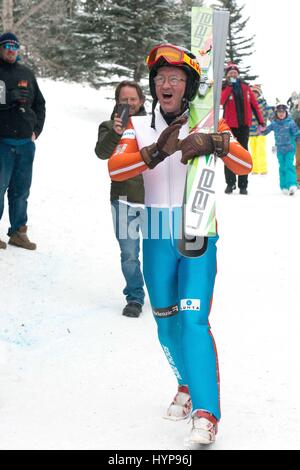 Eddie the Eagle, real name Michael Edwards, took to the slopes at the Canada Olympic Park in Calgary, Alberta in support of local jumpers. Around 1000 fans watched the 1988 Olympian jump.  Featuring: Eddie Edwards Where: Calgary, Canada When: 05 Mar 2017 Stock Photo