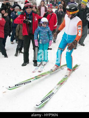 Eddie the Eagle, real name Michael Edwards, took to the slopes at the Canada Olympic Park in Calgary, Alberta in support of local jumpers. Around 1000 fans watched the 1988 Olympian jump.  Featuring: Eddie Edwards Where: Calgary, Canada When: 05 Mar 2017 Stock Photo