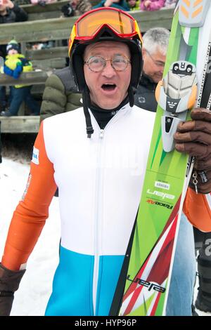 Eddie the Eagle, real name Michael Edwards, took to the slopes at the Canada Olympic Park in Calgary, Alberta in support of local jumpers. Around 1000 fans watched the 1988 Olympian jump.  Featuring: Eddie Edwards Where: Calgary, Canada When: 05 Mar 2017 Stock Photo