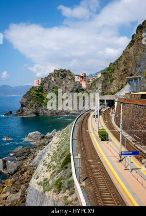 MANAROLA, ITALY - CIRCA MAY 2015:  View of train station and sea cliffs  in the village of Manarola in Cinque Terre, Italy. Stock Photo