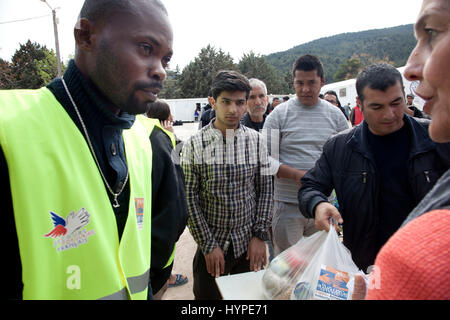 Malakasa refugiees camp in Greece. -  07/03/2017  -  Greece / Malakasa  -  Distribution of food items from the Popular Secours to the Malakasa refugee camp, home to 483 Afgans refugees, including 112 children.   -  Stefania Mizara / Le Pictorium Stock Photo