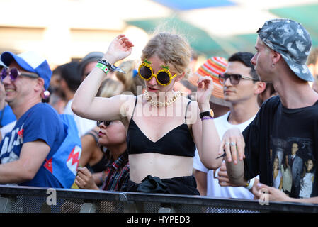 BARCELONA - JUN 18: People dance at Sonar Festival on June 18, 2015 in Barcelona, Spain. Stock Photo