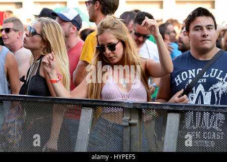 BARCELONA - JUN 18: People dance at Sonar Festival on June 18, 2015 in Barcelona, Spain. Stock Photo