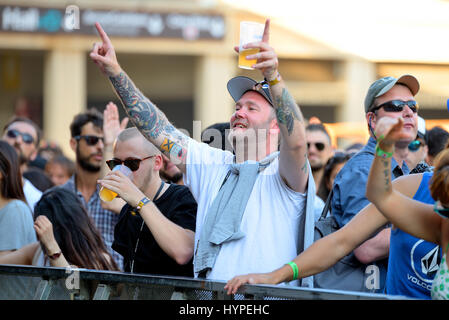 BARCELONA - JUN 18: People dance at Sonar Festival on June 18, 2015 in Barcelona, Spain. Stock Photo