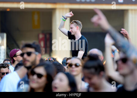 BARCELONA - JUN 18: People dance at Sonar Festival on June 18, 2015 in Barcelona, Spain. Stock Photo