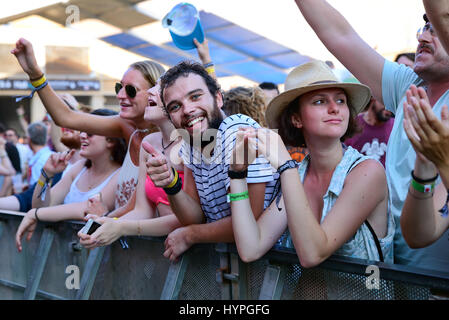 BARCELONA - JUN 20: People in a concert at Sonar Festival on June 20, 2015 in Barcelona, Spain. Stock Photo