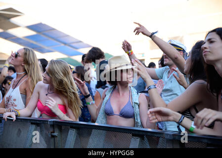 BARCELONA - JUN 20: People in a concert at Sonar Festival on June 20, 2015 in Barcelona, Spain. Stock Photo