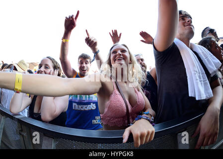 BARCELONA - JUN 20: People in a concert at Sonar Festival on June 20, 2015 in Barcelona, Spain. Stock Photo