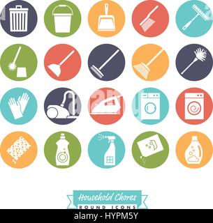 Collection of 20 Household Chores round negative color Icons Stock Vector