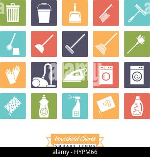 Collection of 20 Household Chores Icons  negative in colored squares Stock Vector