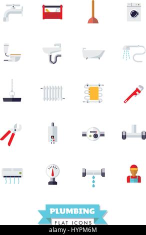 Collection of plumbing and sanitary facilities flat design icons on white background Stock Vector