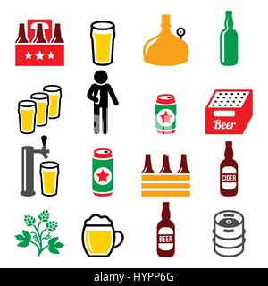 Beer, brewery, drinking alcohol in pub vector icons set Stock Vector