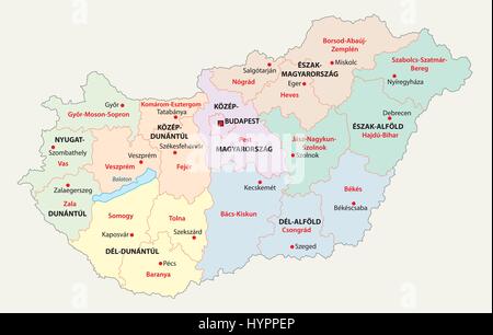 administrative map of the Hungarian regions and counties Stock Vector