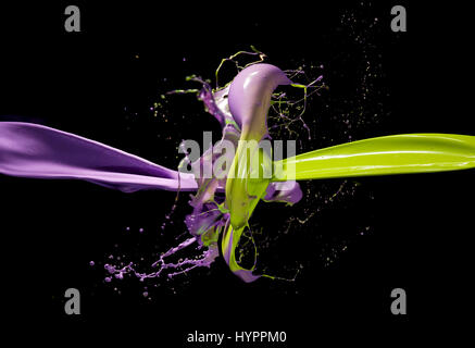 Clash of purple and green liquid jets isolated on black background. Stock Photo