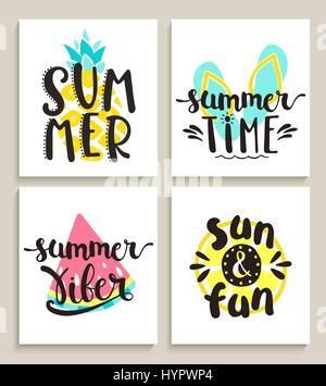 Four bright summer cards on white background with watermelon, lemon, pineapple and slippers. Fun quote design logo or label. Vector illustration. Stock Vector