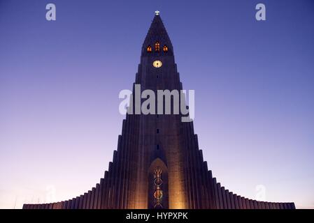 Hallgrímskirkja church is Reykjavík's main landmark and its tower can be seen from almost everywhere in the city in Iceland Stock Photo
