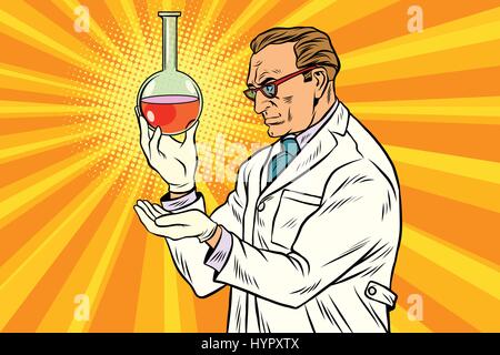 Scientist chemist analyzes laboratory flask Stock Vector