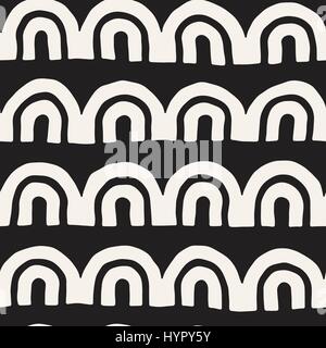 Monochrome minimalistic tribal seamless pattern with arc lines. Vector background with inky black art on white rounded stripe. Stock Vector
