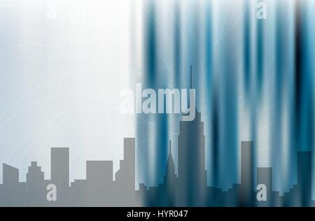 City skyline illustration, abstract blur background in blue color ideal for modern business or technology design. EPS10 vector. Stock Vector