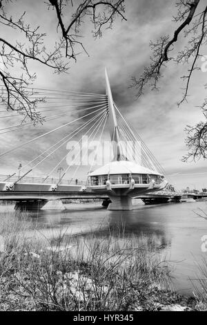 Provencher bridge in Winnipeg over red river, black and white Stock Photo