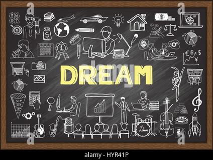 Hand drawn icons about dream on chalkboard. Vector illustrations. Stock Vector