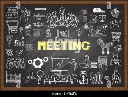 Hand drawn icons about meeting on chalkboard. Vector illustrations Stock Vector