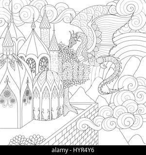 Dragon flying above beautiful cathedral for adult coloring book page. Vector illustration Stock Vector