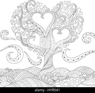 Hearted shape tree on floral ground for card,invitation and adult coloring book page for anti stress. Vector illustration. Stock Vector