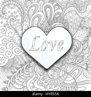 Heart shape with the word LOVE on beautiful floral background for design element,card,invitation and adult coloring book page. Vector illustration Stock Vector