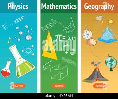 Basic math. Physics subject. Geography science. School subjects. Education and science banners set. Stock Vector