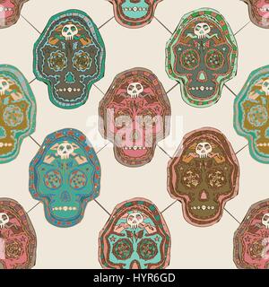 Vector Illustrated Mexican Skull Seamless Pattern Design Stock Vector