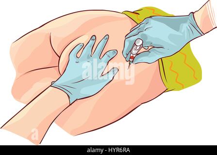 Drawing of Gloved hands aspirating syringe at dorsogluteal site of injection Stock Vector