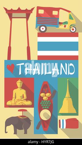 Retro Drawing of Thailand Thailand Bangkok Cultural Symbols on a Poster and Postcard Stock Vector