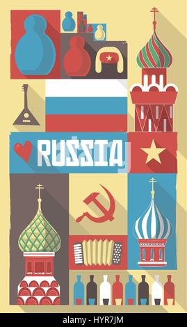 vector illustration of famous culture symbols of russia on a postcard or poster Stock Vector