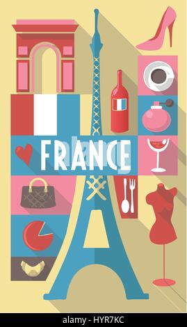french cultural icons on travel poster. city symbols for postcards, cardboards, posters Stock Vector