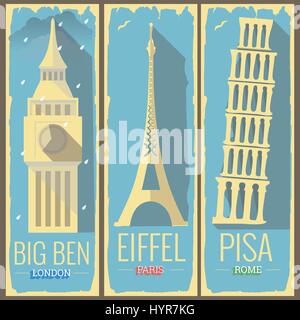 big ben tower london, eiffel tower paris and pisa tower rome icon style illustrations on retro vintage poster postcard design Stock Vector