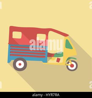 Vector illustration long shadow flat icon of tuk tuk Stock Vector