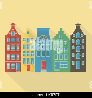 Vector illustration long shadow flat icon of amsterdam houses Stock Vector