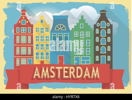 vector illustration houses of amsterdam on retro style poster or postcard. Stock Vector