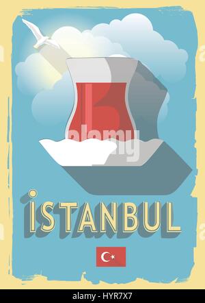 vector illustration turkish tea on retro style poster or postcard Stock Vector