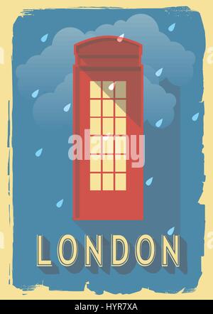 vector illustration phone box of london england on retro style poster or postcard. Stock Vector