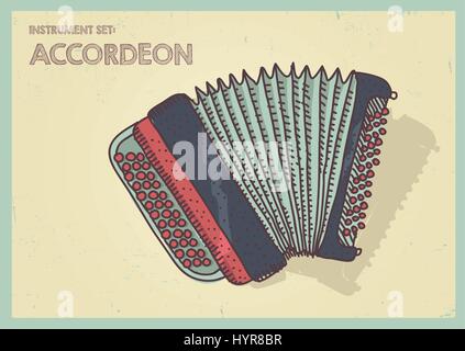 Vector illustration long shadow flat icon of accordeon Stock Vector