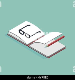 isometric vector illustration of open book and glasses Stock Vector