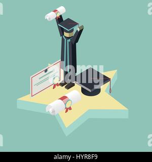 vector isometric graduation scene Student Holds Diploma Stock Vector