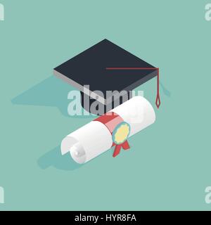 Flat 3d isometric education vector illustration with graduate cap Stock Vector