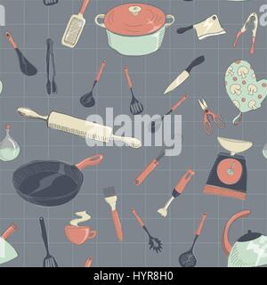 vector hand drawn kitchen icon set illustrtaion SEAMLESS PATTERN Stock Vector