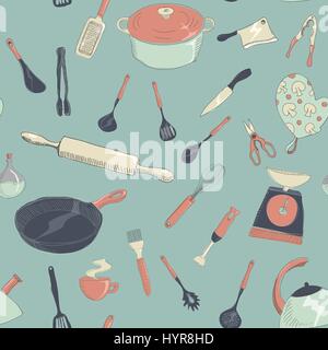 vector hand drawn kitchen icon set illustrtaion SEAMLESS PATTERN Stock Vector