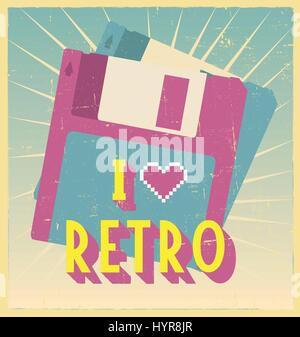 i love retro sign with floppy disc on postcard or poster. retro vintage poster or postcard design with Stock Vector